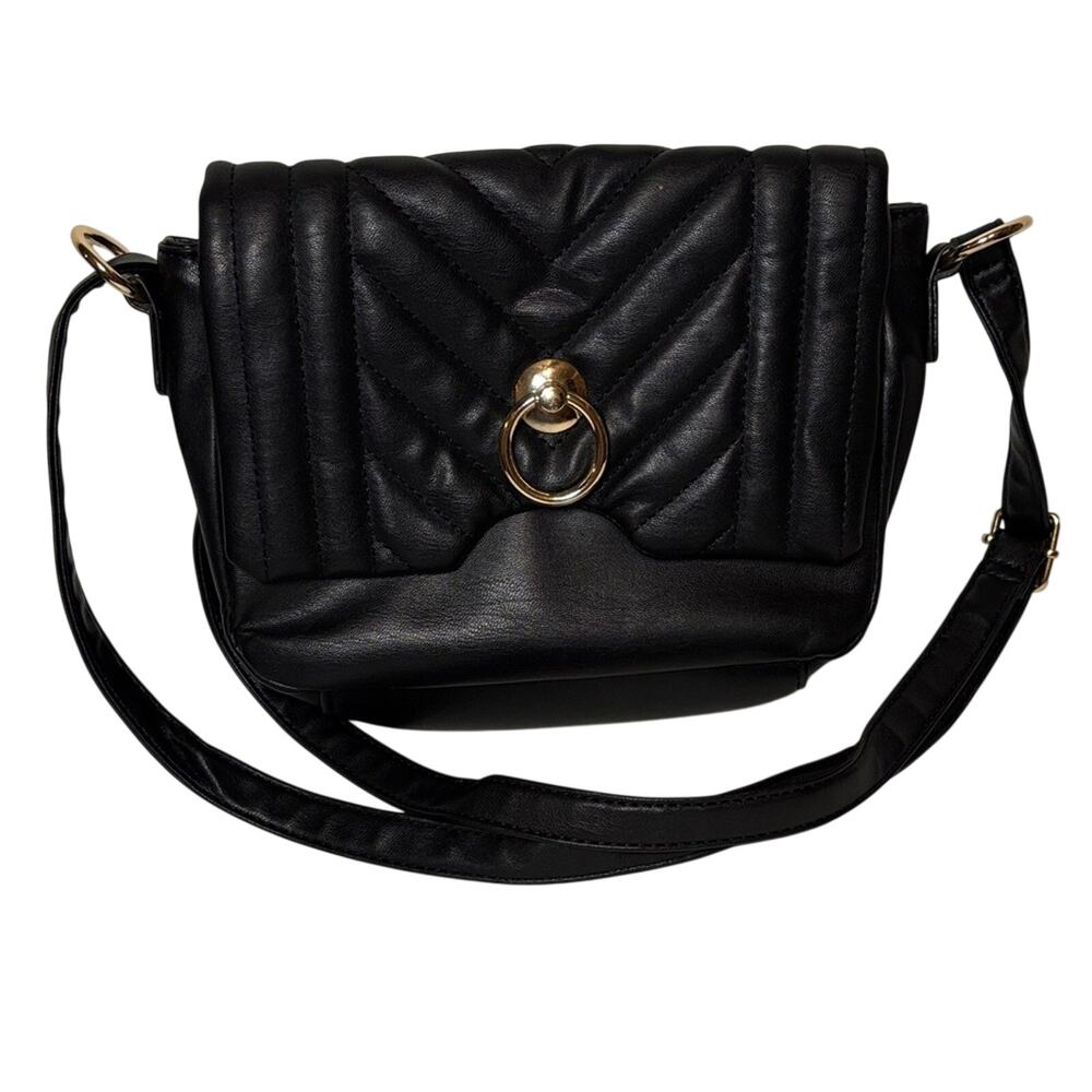 Alexis Bendel Black Quilted Crossbody Bag Gold Ring Flap Faux Leather Purse